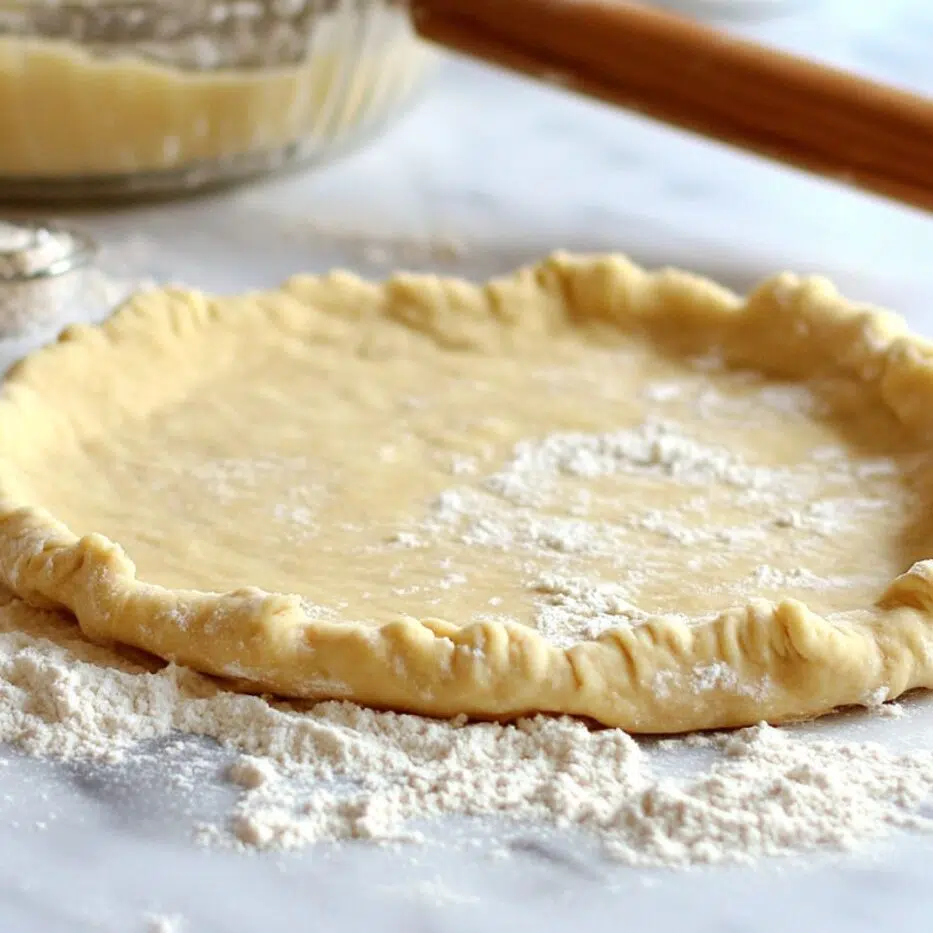 Overhead view of pie crust being rolled out with flour and rolling pin.