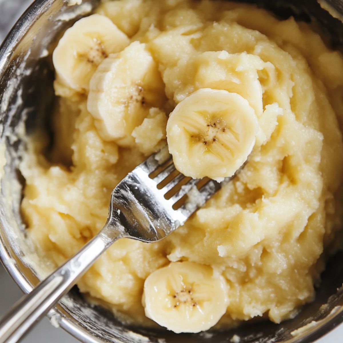Mashing ripe bananas for the 3 ingredient banana bread with a fork in a rustic kitchen setting.