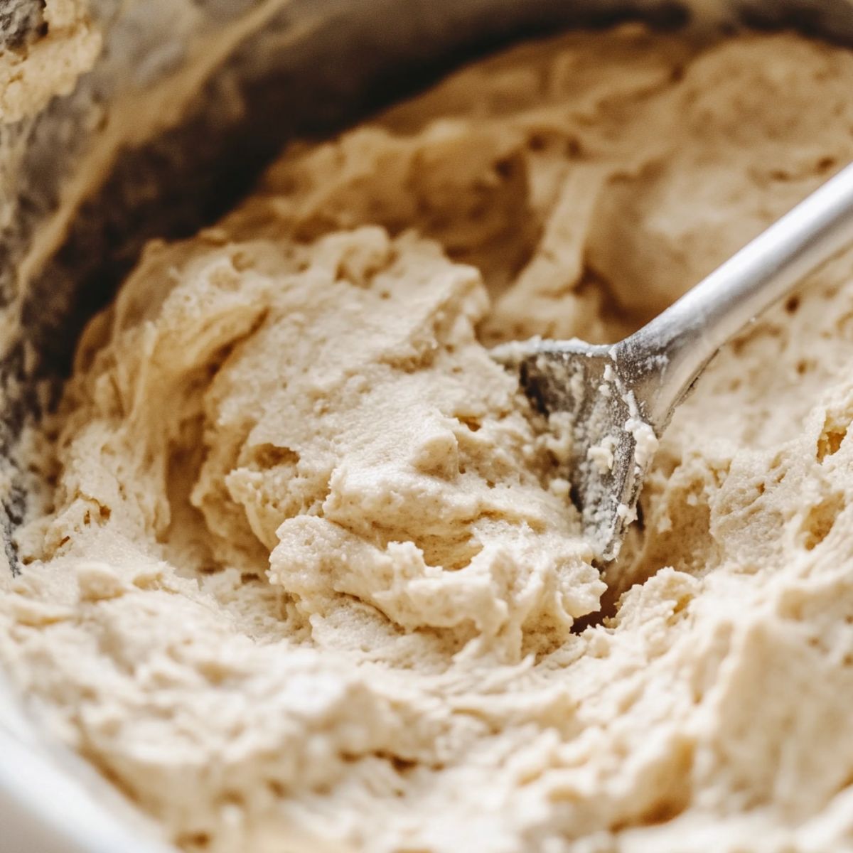 Stirring banana bread batter with a spoon in a cozy, slightly messy kitchen setting.