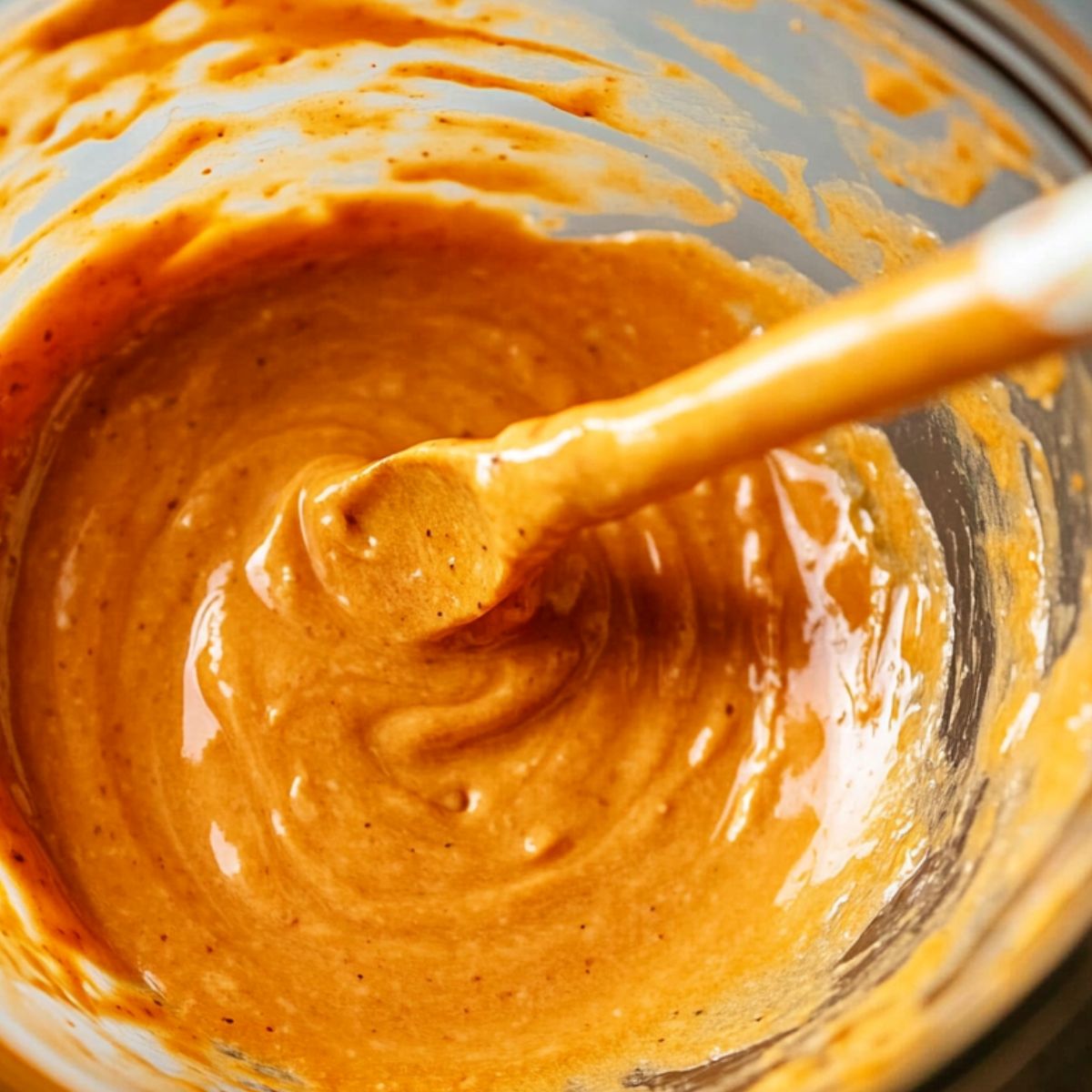 Bang bang sauce being mixed in a bowl with a spoon