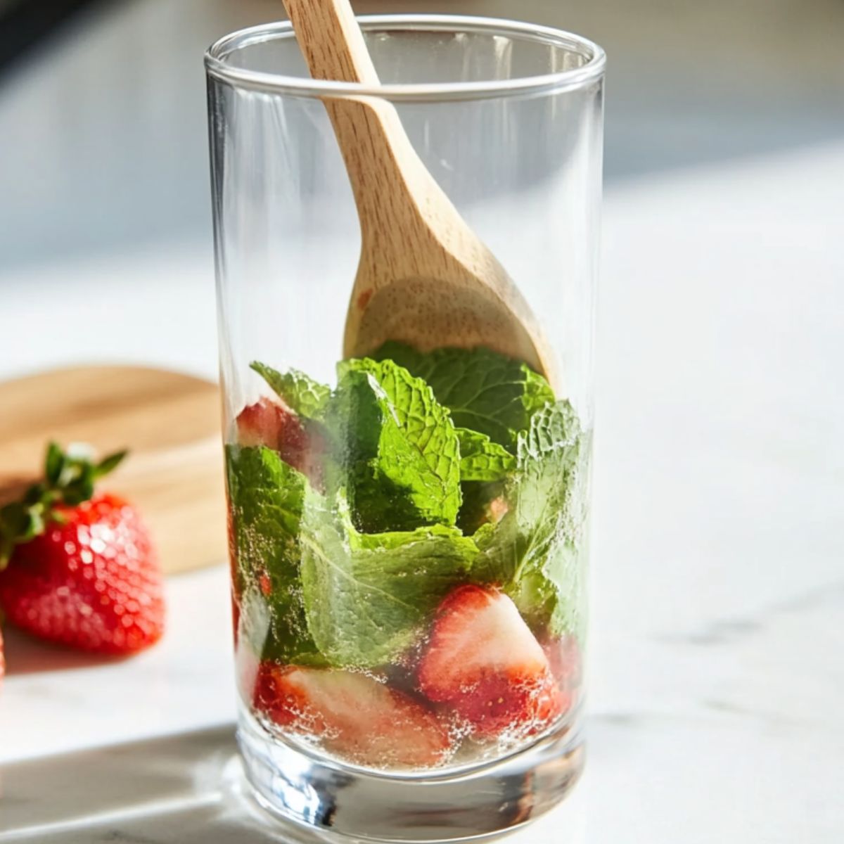 Mint and strawberries being muddled in a glass for mocktail flavor base

