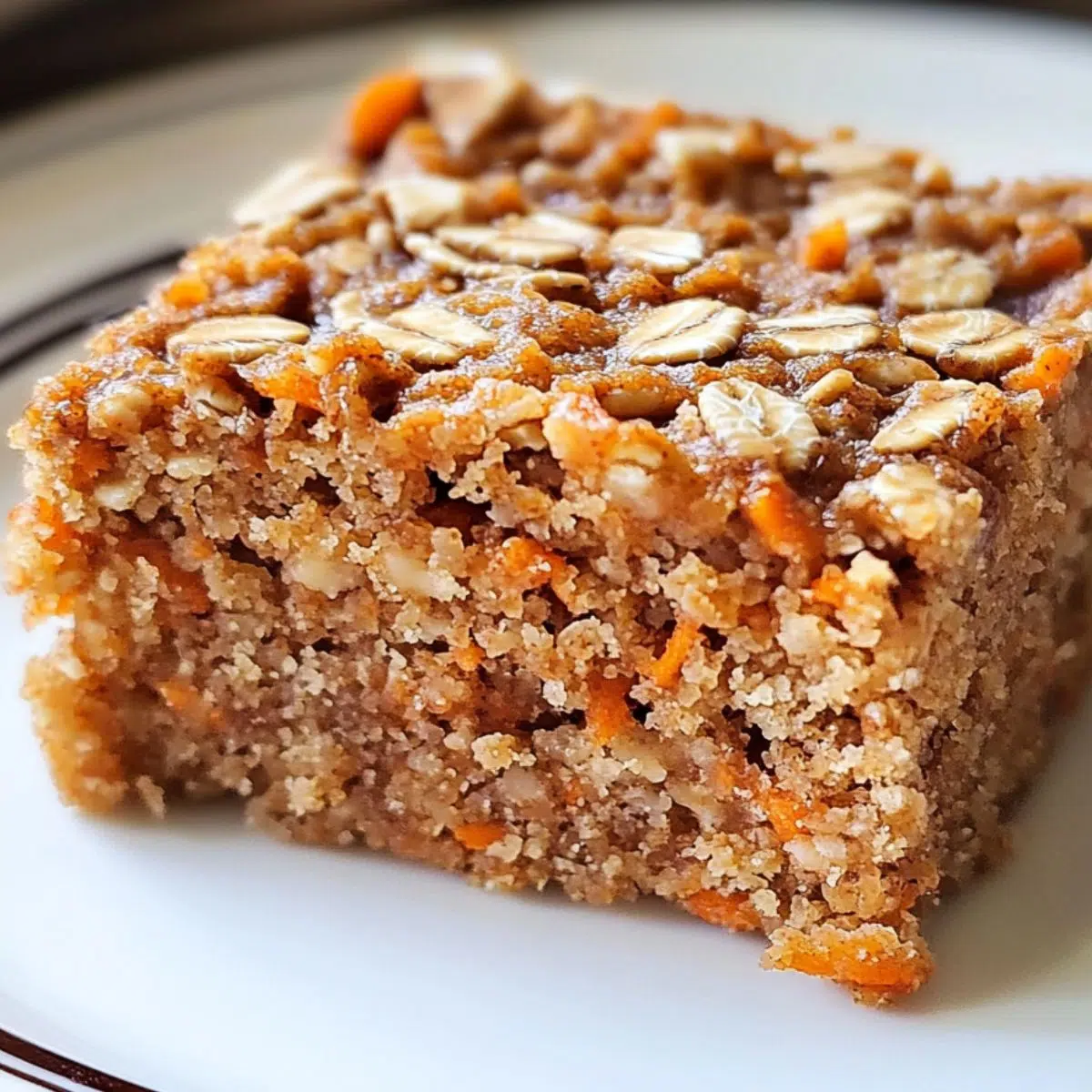Homemade oatmeal carrot cake slice on a ceramic plate