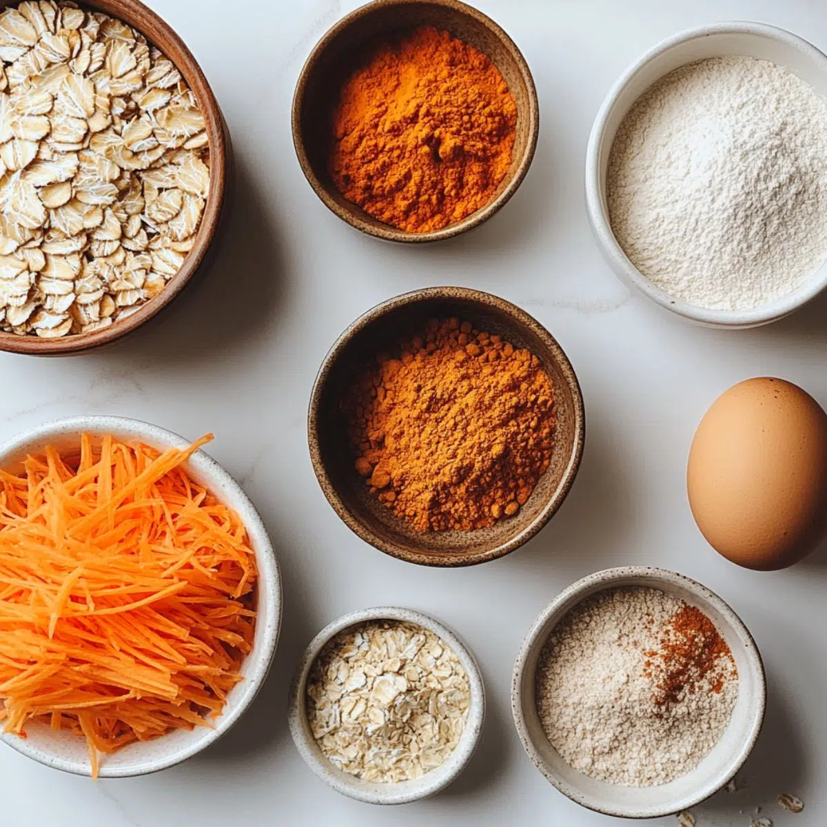  Ingredients for oatmeal carrot cake arranged on a kitchen counter