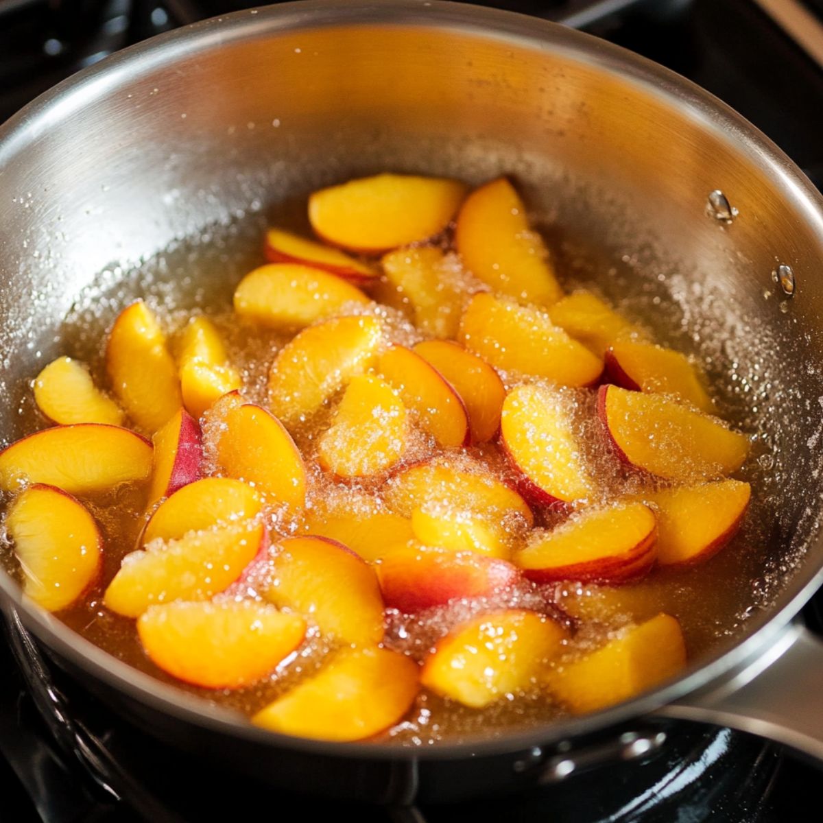 Homemade peach syrup cooking in a saucepan on the stove with chopped fruit visible.