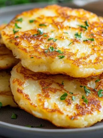 Plate of golden brown potato cheese pancakes with crispy edges and melty cheese, served on a simple kitchen counter.