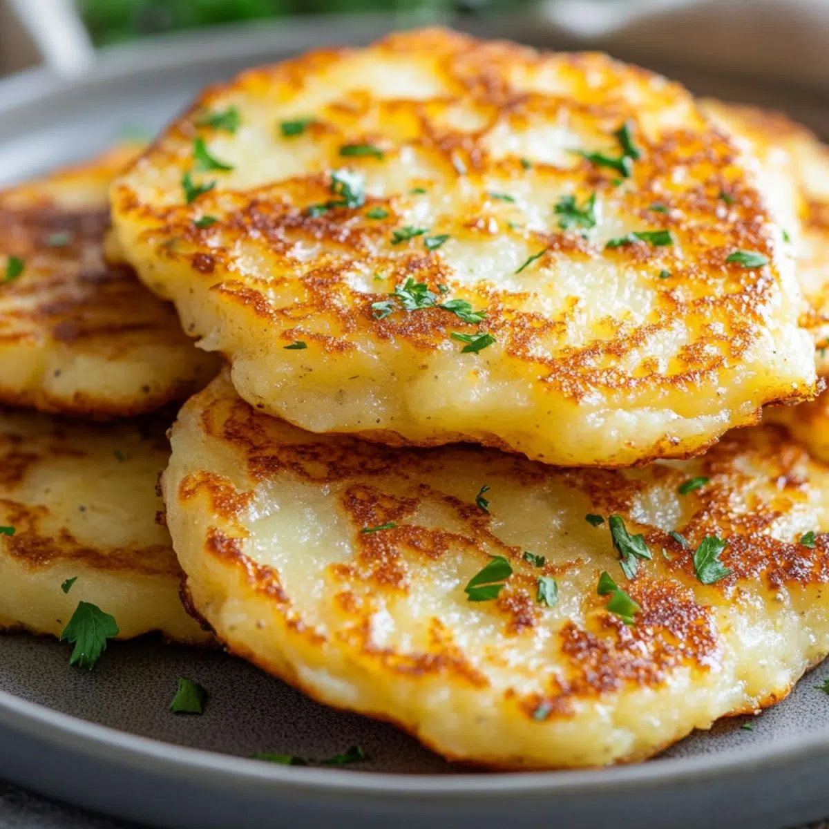 Plate of golden brown potato cheese pancakes with crispy edges and melty cheese, served on a simple kitchen counter.