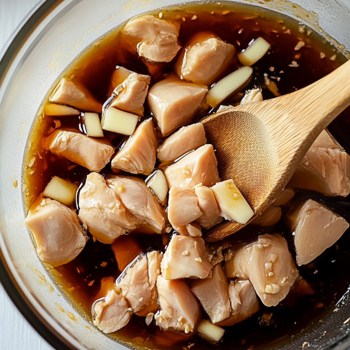 Marinating chicken cubes in a bowl with sauce for bang bang chicken skewers