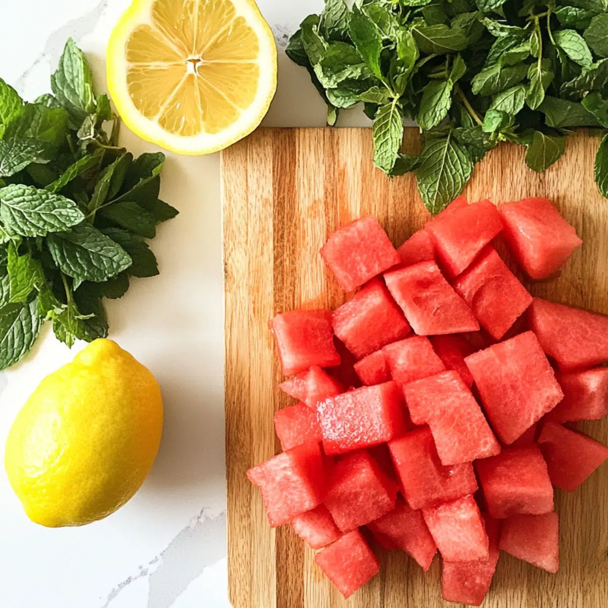 Sliced watermelon, lemons, and fresh mint prepared on a cutting board

