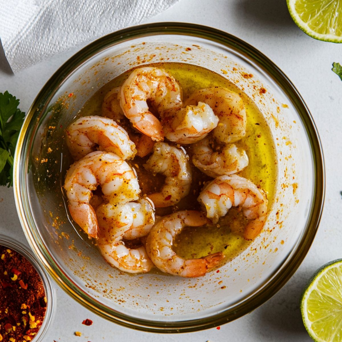 Raw shrimp marinating with spices and lime on a white counter.
