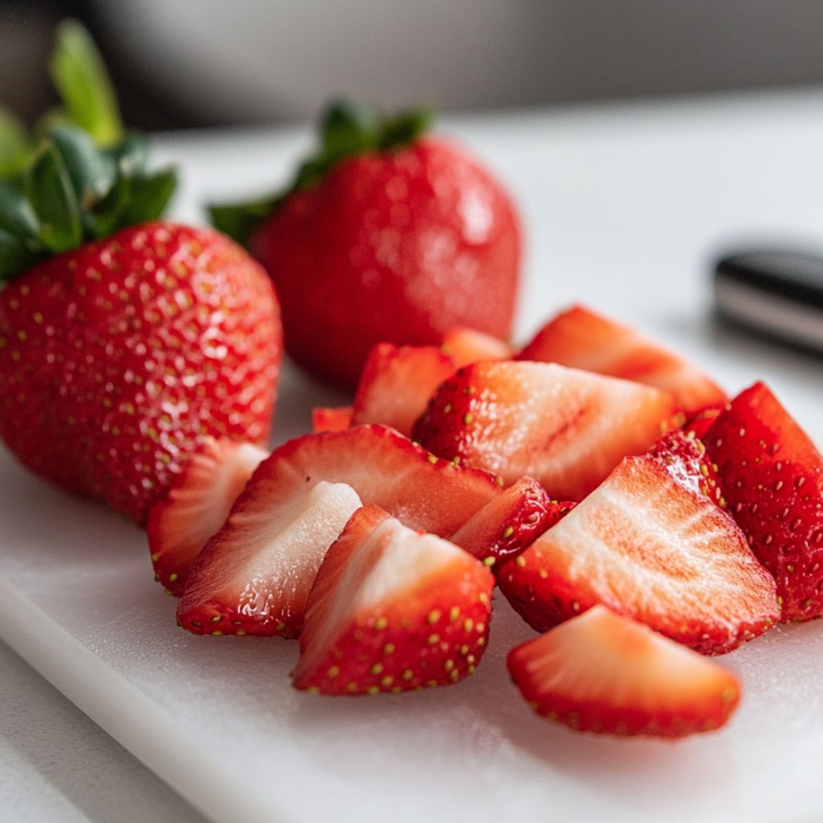 Sliced strawberries prepared for a strawberry mojito mocktail