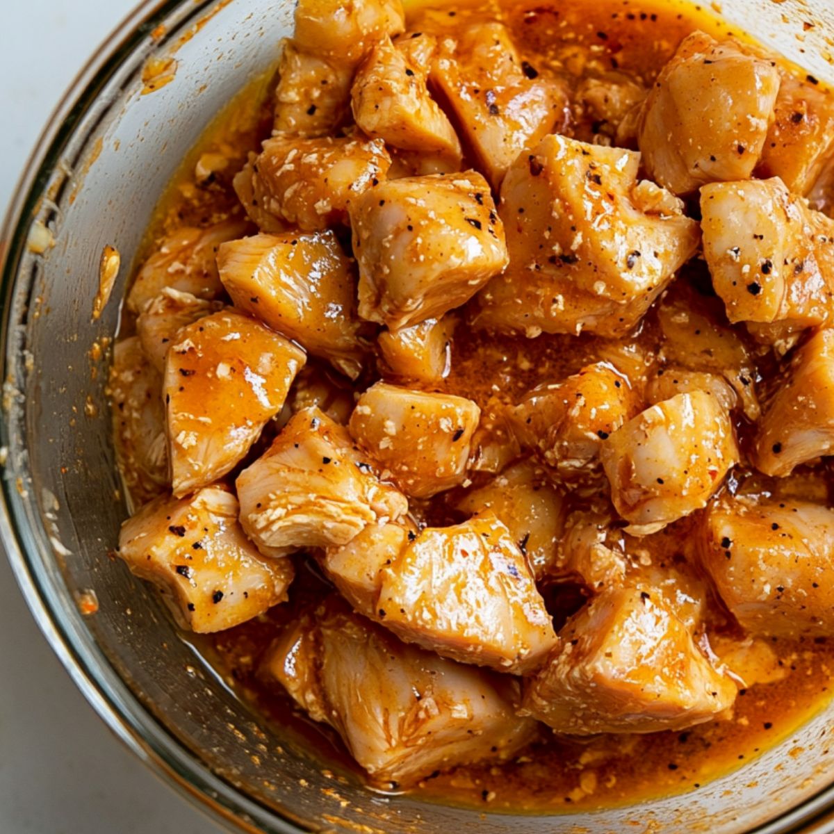 Chicken pieces soaking in buttermilk marinade for spicy popcorn chicken