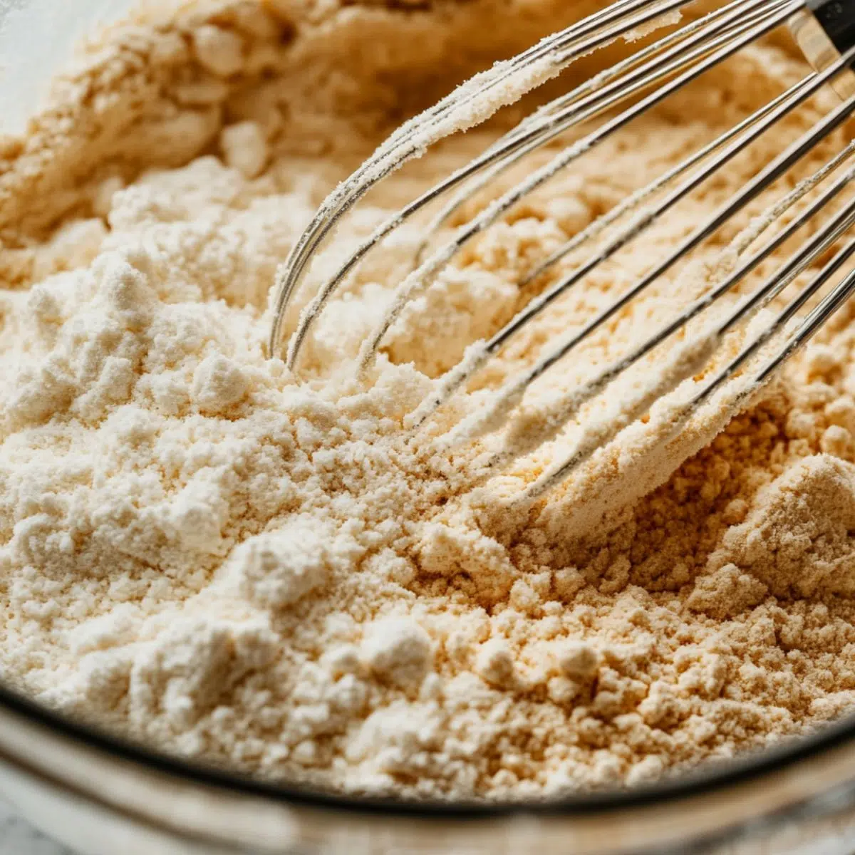  Dry ingredients for protein cookies being whisked in a large bowl