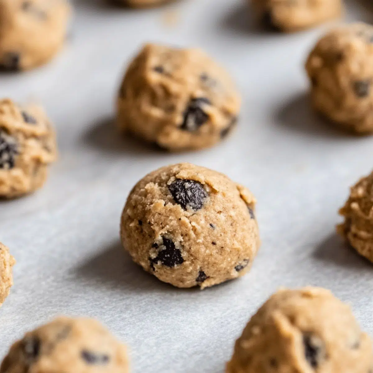 Rolled protein cookie dough balls on a parchment-lined baking sheet