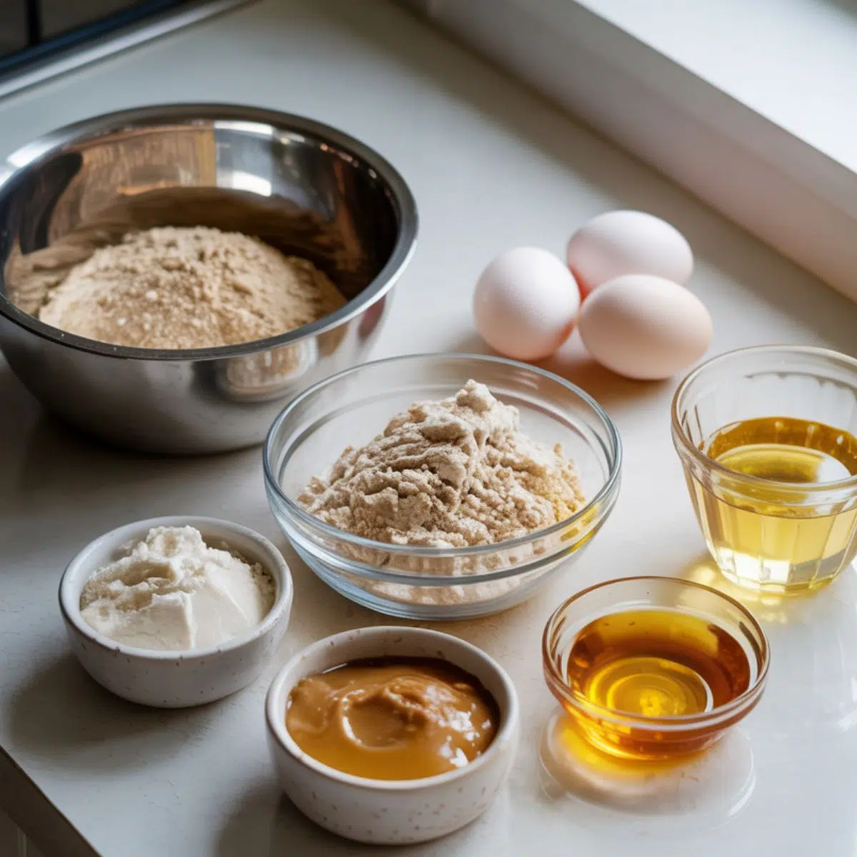  Flat lay of ingredients for protein cookies recipe including almond flour, coconut flour, and protein powder