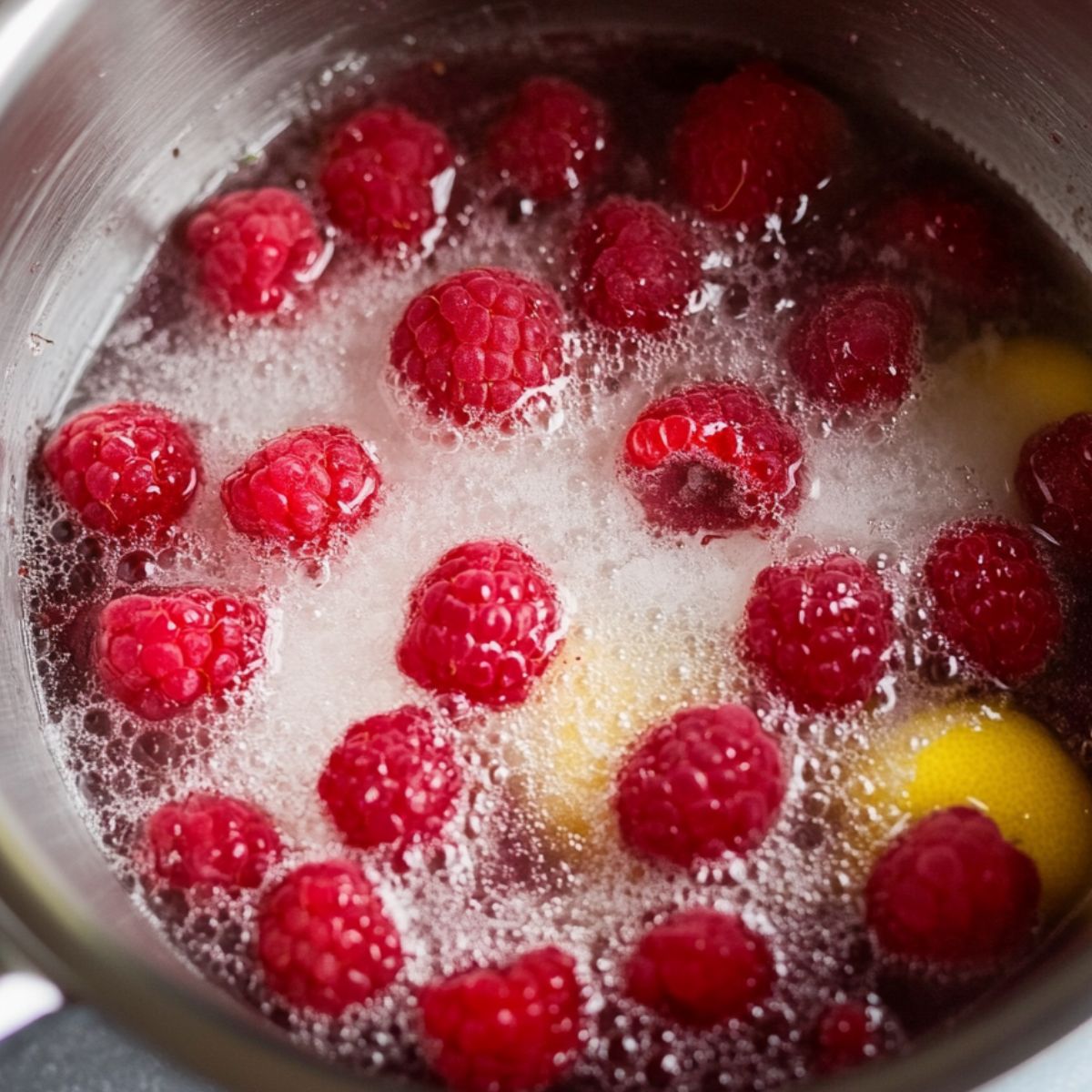  Raspberries simmering with sugar and lemon for a rich puree.