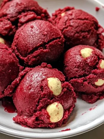 Red velvet cookie dough in a white bowl , on a home kitchen counter.