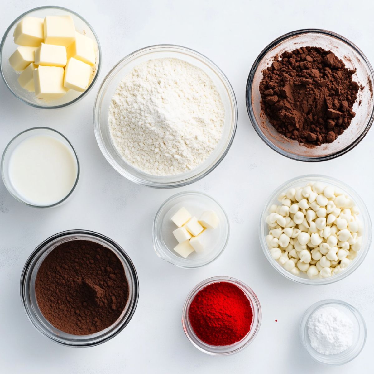 Measured ingredients for red velvet cookie dough laid out on a white kitchen counter.