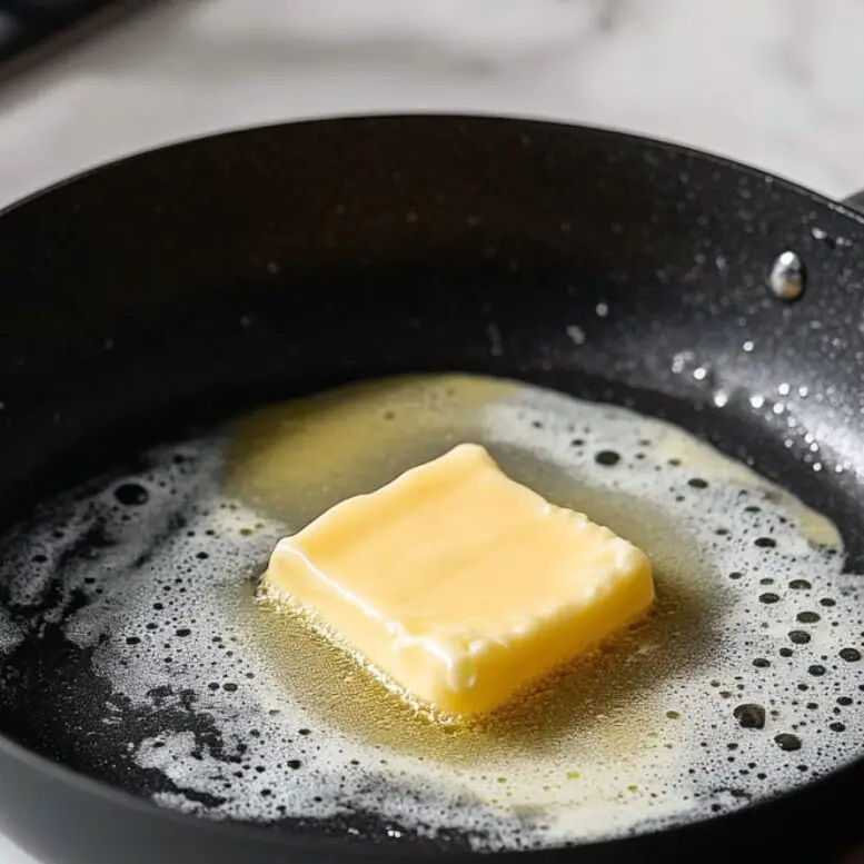 Butter melting in a non-stick skillet.