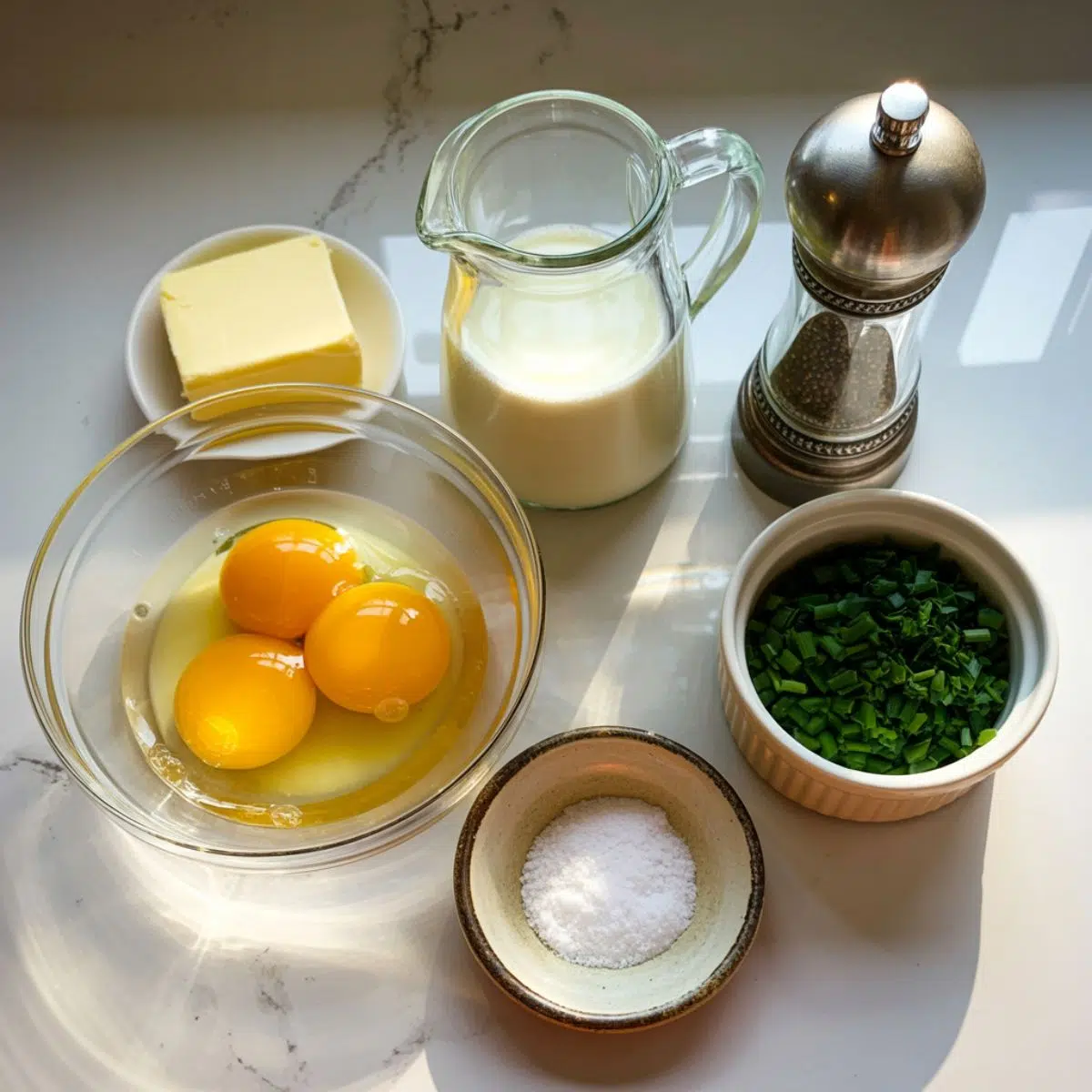 Ingredients for scrambled eggs recipe displayed on a white kitchen counter.