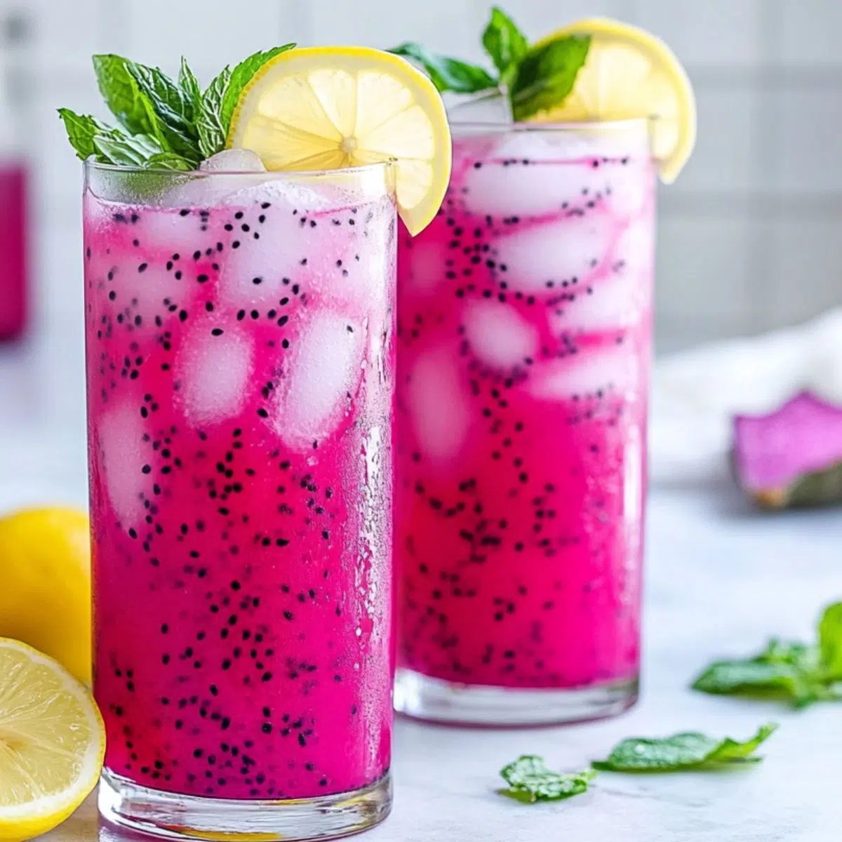 Two glasses of dragonfruit lemonade served with ice and lemon