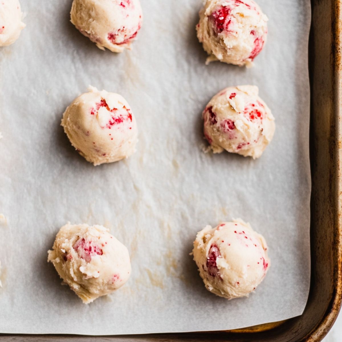Cookie dough balls being shaped and placed on a baking tray