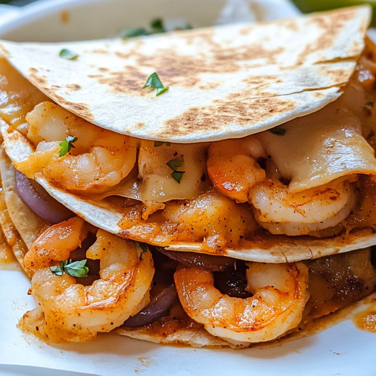 Golden shrimp quesadillas on a plate with melted cheese and sides on a white counter.