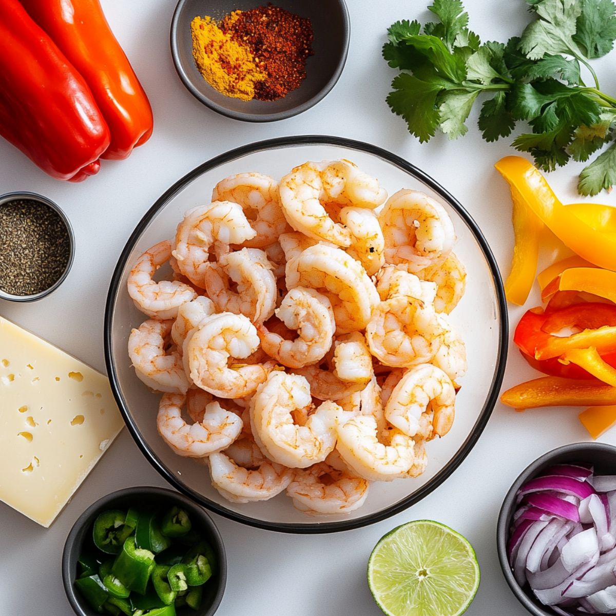 All ingredients for shrimp quesadilla recipe displayed on a kitchen counter.