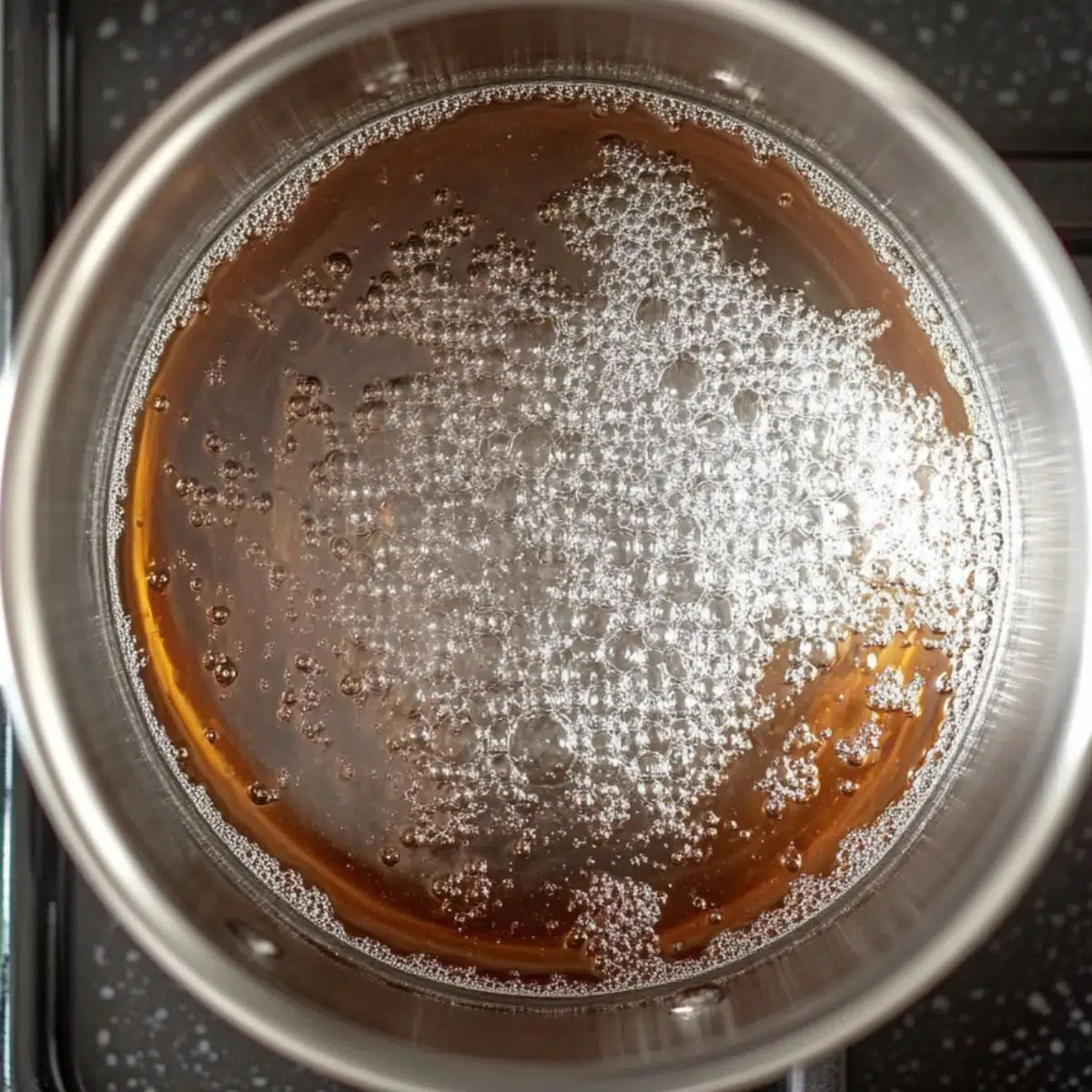 Sugar and water in a small saucepan on the stove for simple syrup