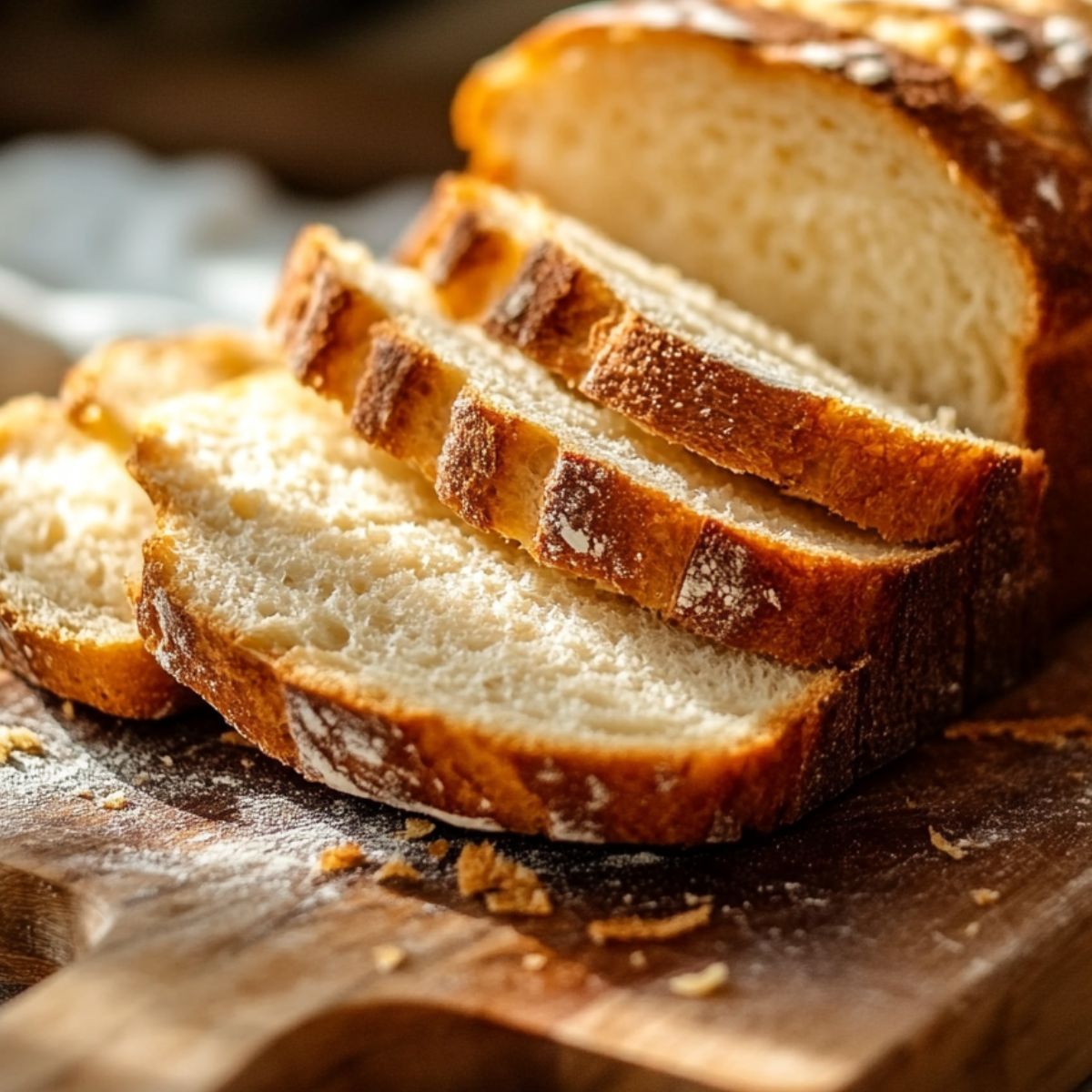 Sliced, freshly baked 3 ingredient banana bread on a wooden cutting board, ready to enjoy.