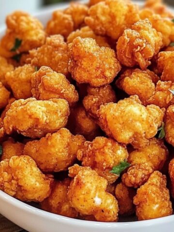 Crispy homemade spicy popcorn chicken in a white bowl on a kitchen counter