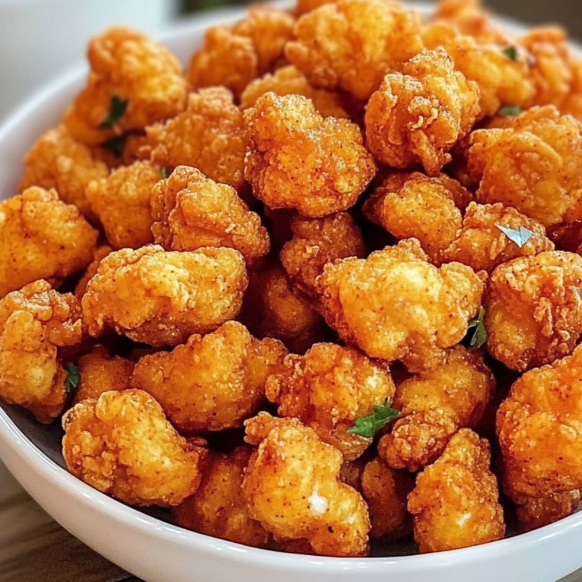 Crispy homemade spicy popcorn chicken in a white bowl on a kitchen counter

