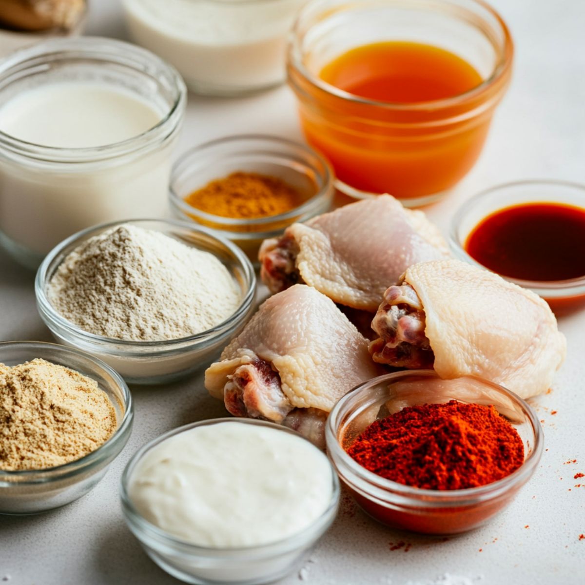 Ingredients laid out for spicy popcorn chicken on a kitchen counter