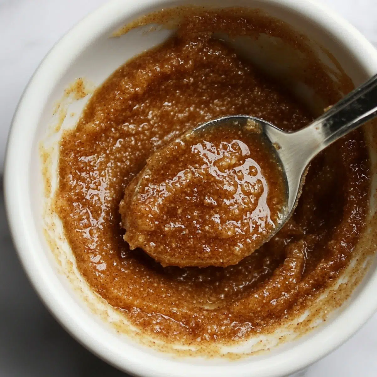Cinnamon swirl mixture in a bowl with spoon on kitchen counter