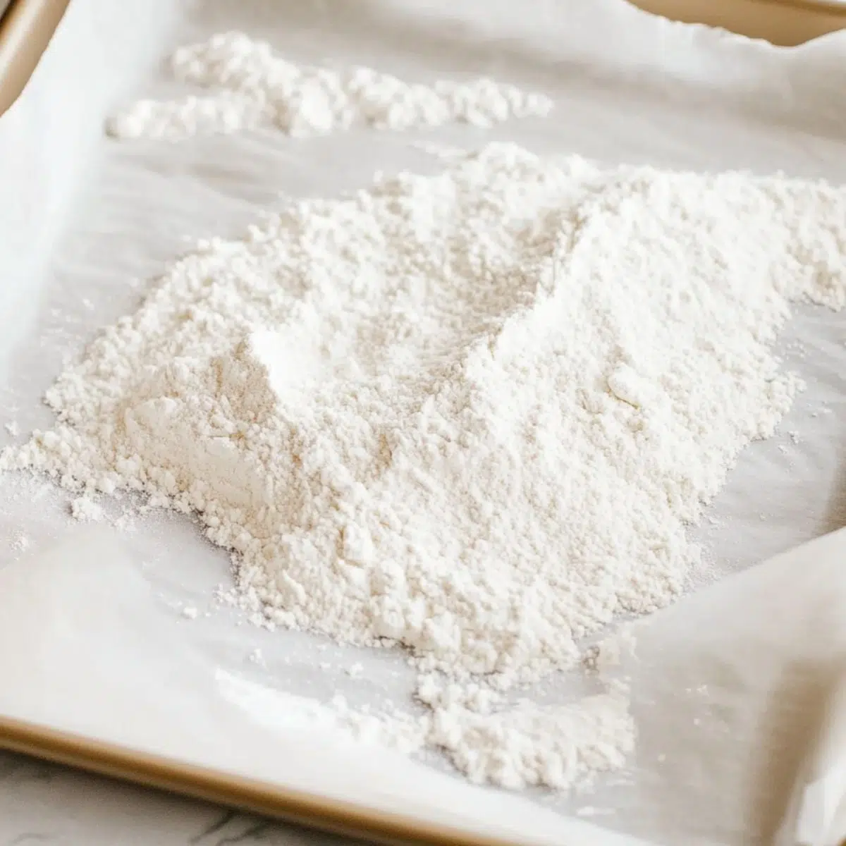 Flour on a parchment-lined baking sheet being heat-treated in a kitchen.