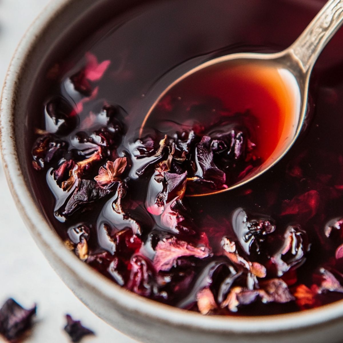 Steeping hibiscus flowers in water to make hibiscus tea