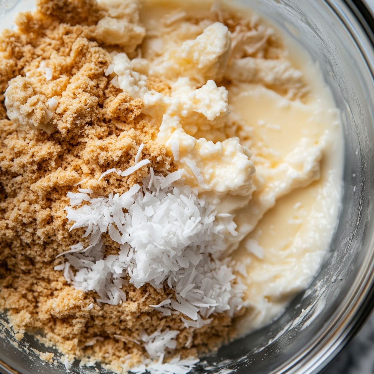 Mixing cookie crumbs, coconut, and condensed milk in a bowl for snowballs