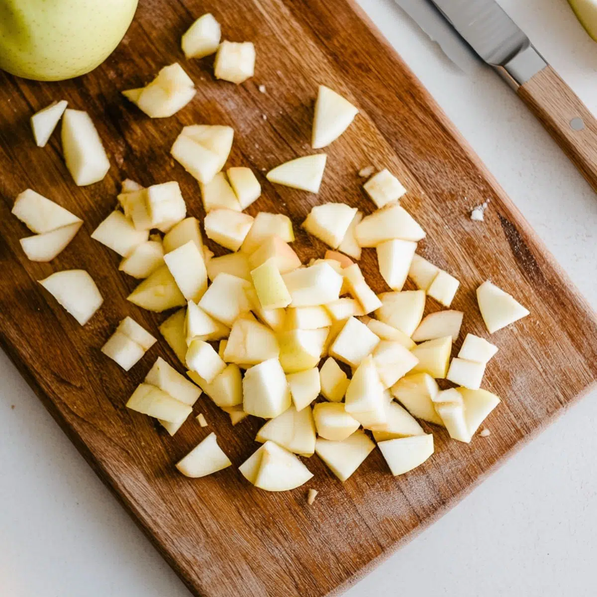 Chopped apples on a cutting board for apple fritter bites