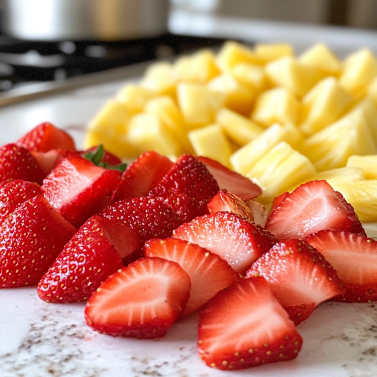 Preparing strawberries and pineapple chunks for a strawberry pina colada