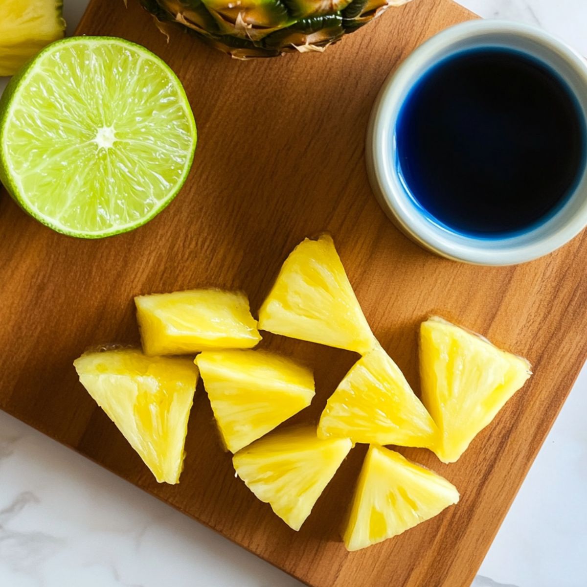  Fresh lime, pineapple, and blue syrup prepped for mocktail making