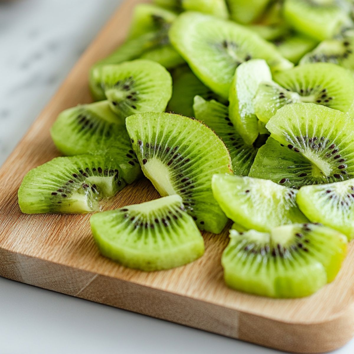Fresh kiwi being sliced on a cutting board with peels 