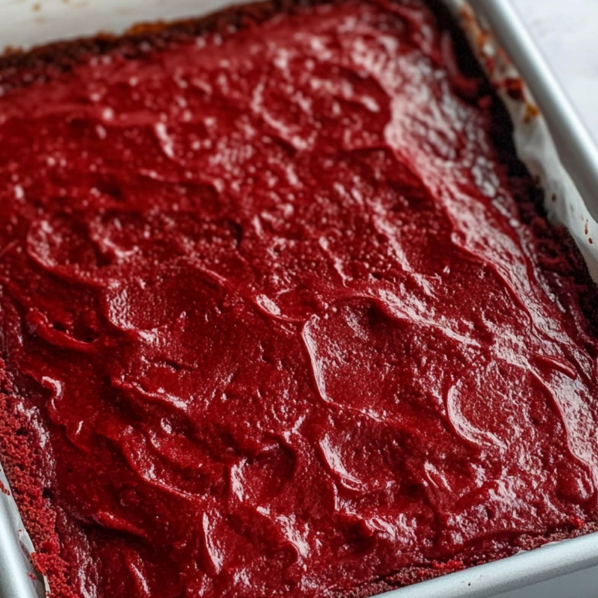 Freshly baked red velvet cake cooling in a pan on the counter
