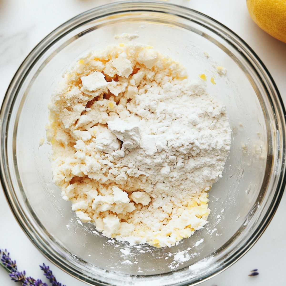 Batter being mixed with visible lemon zest and lavender on the side.