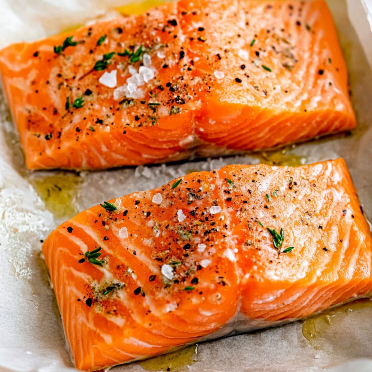 Seasoning raw salmon fillets with Italian herbs and salt on a white counter