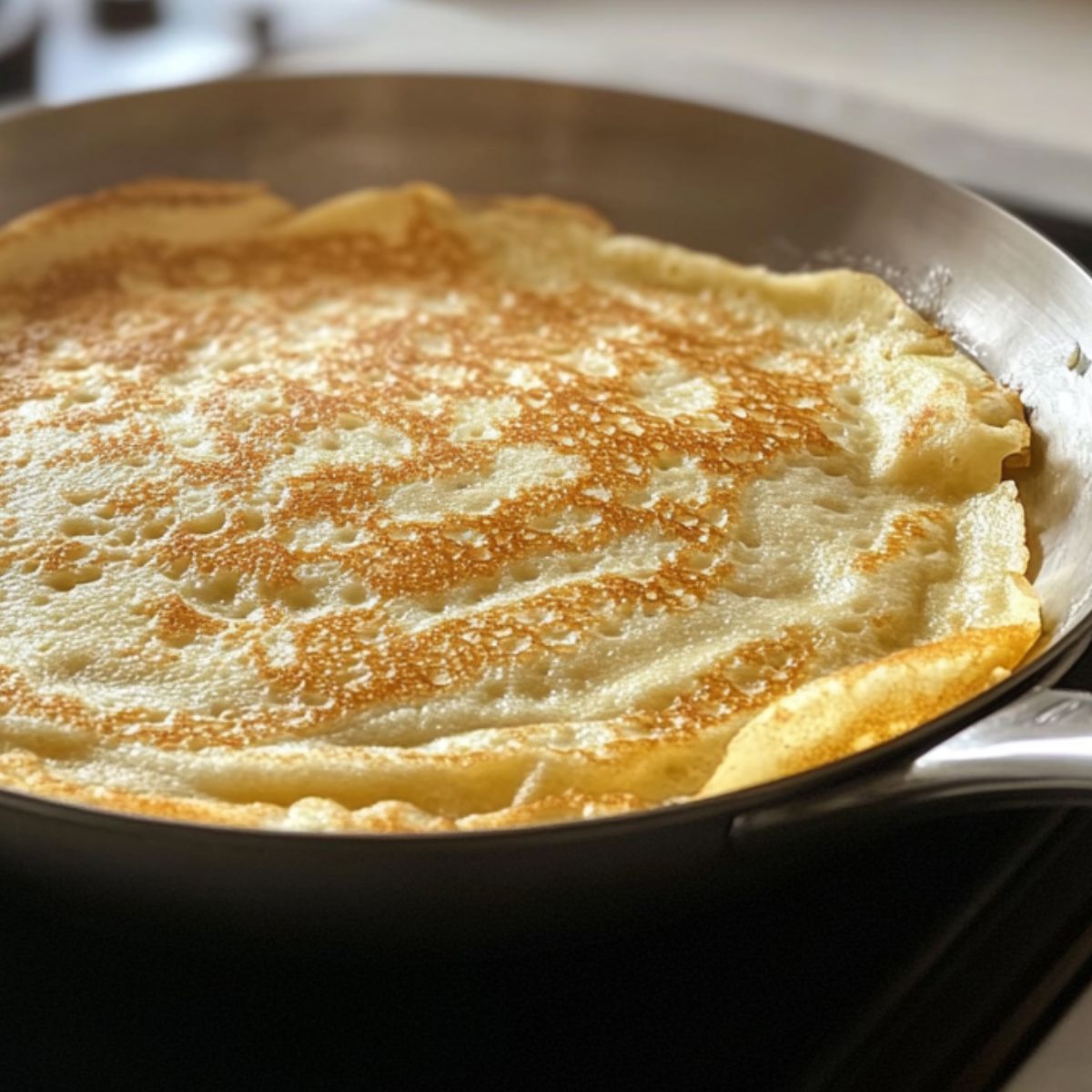 Crepe cooking in a small nonstick skillet, golden edges forming