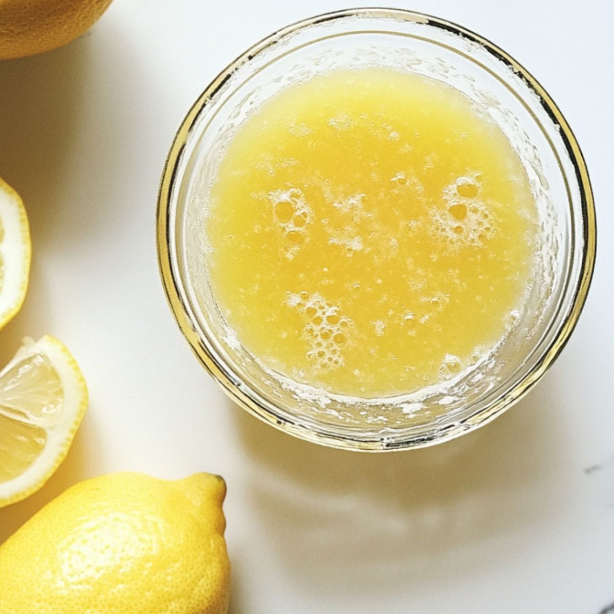 Freshly squeezed lemon juice with lemons on the counter