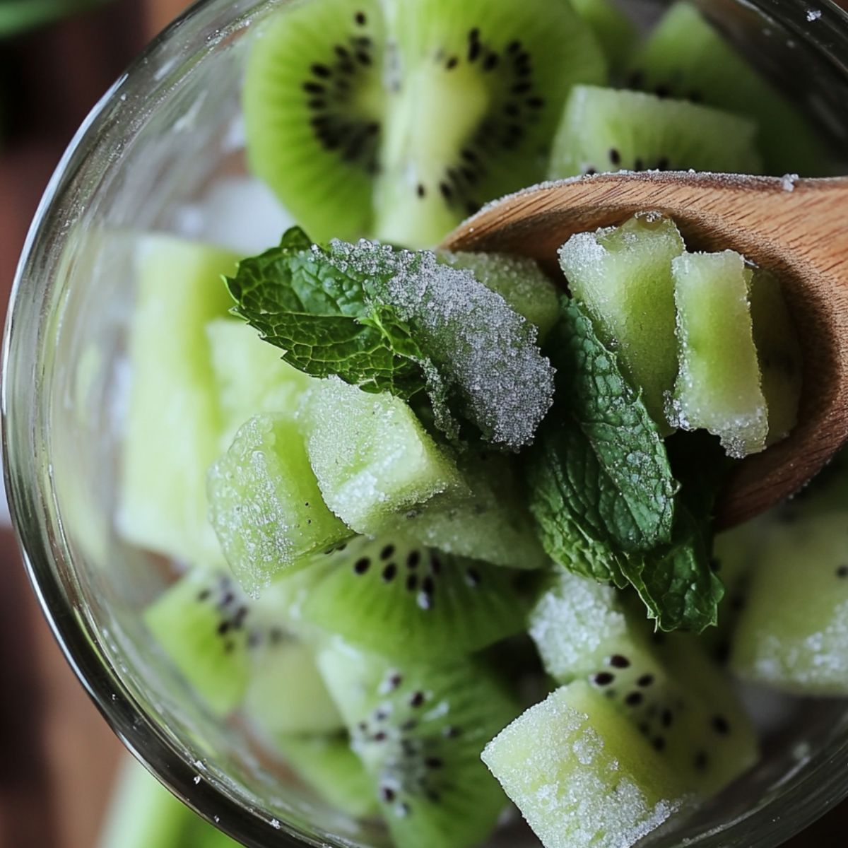 A muddler pressing down on kiwi, mint, and sugar inside a glass.