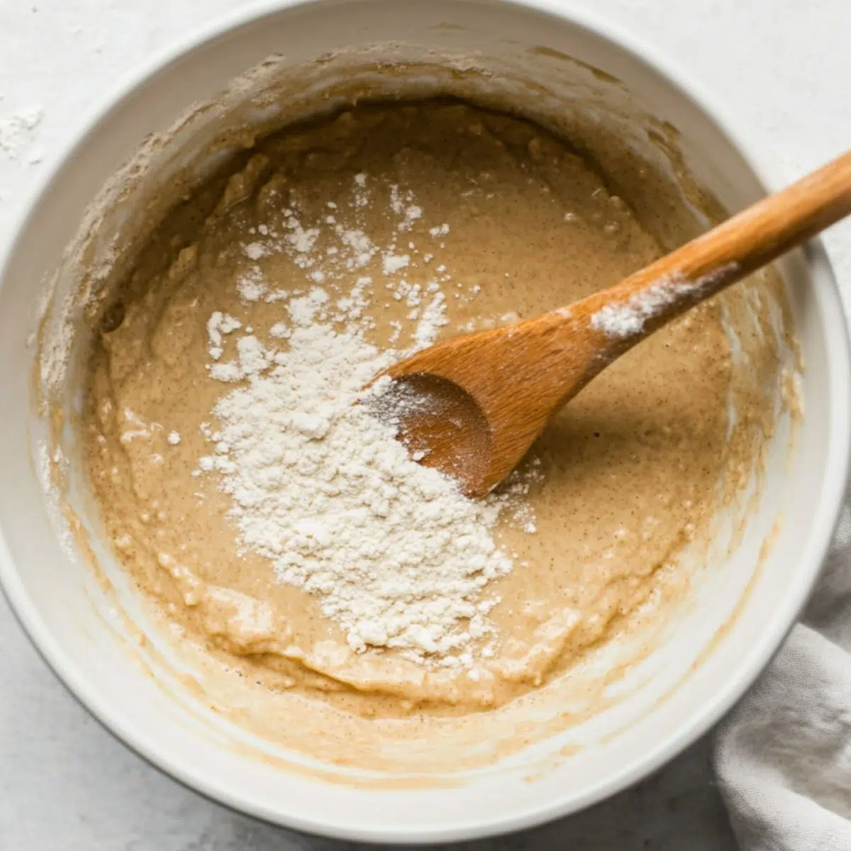 Mixed pancake batter in a bowl on kitchen counter