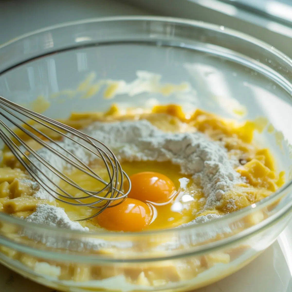Eggs and flour being folded into the potato mixture to form the batter.