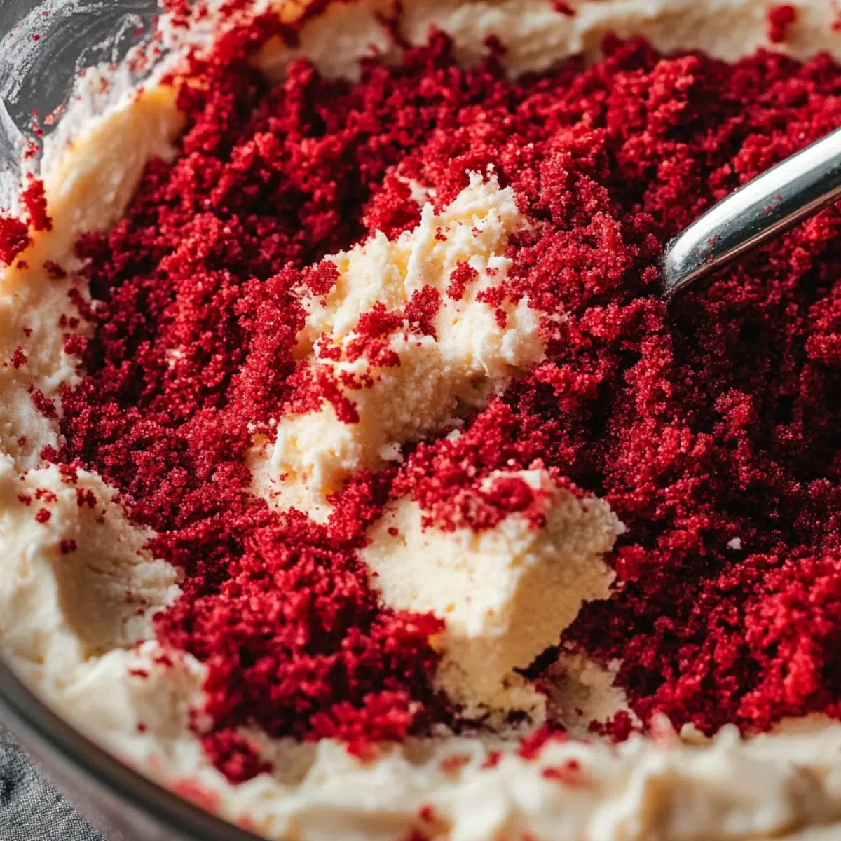 Red velvet cake crumbs being mixed into cheesecake filling in a bowl