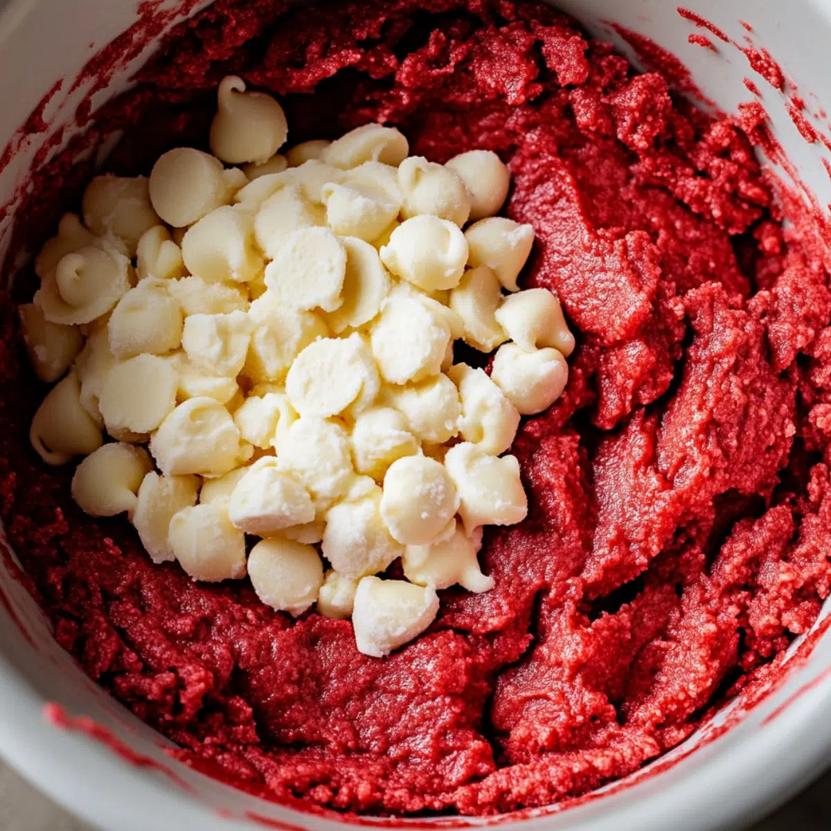 White chocolate chips being folded into red cookie dough.